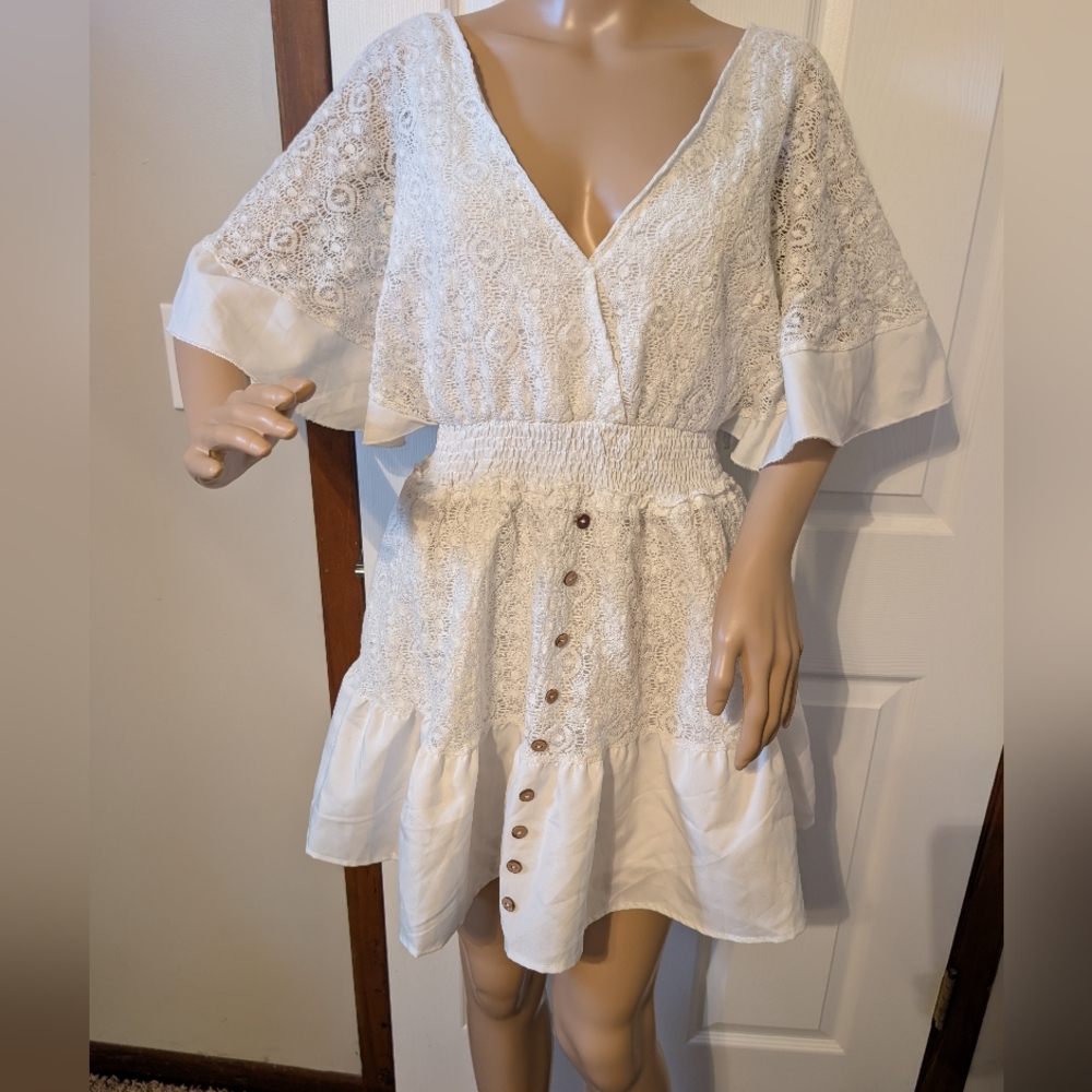 Chic White Lace Button-Down Mini Dress-medium